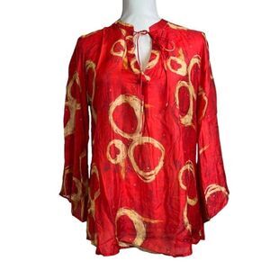 NWT APNY‎ Apparel Women's Blouse Red with Gold Circles Bell Sleeve Tie Front S